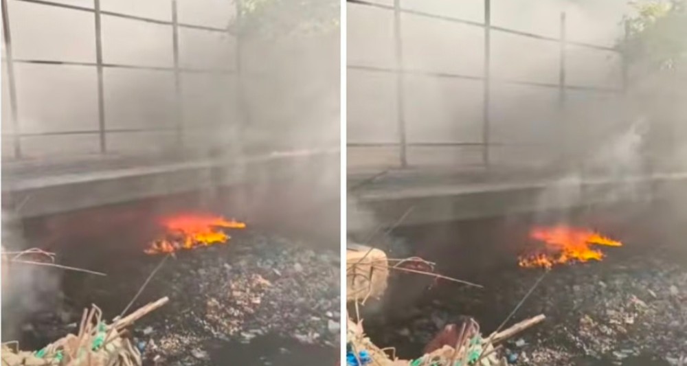 अंधेरी पश्चिम में लक्ष्मी औद्योगिक क्षेत्र के पास नाले में तैरते कचरे में आग लग गई