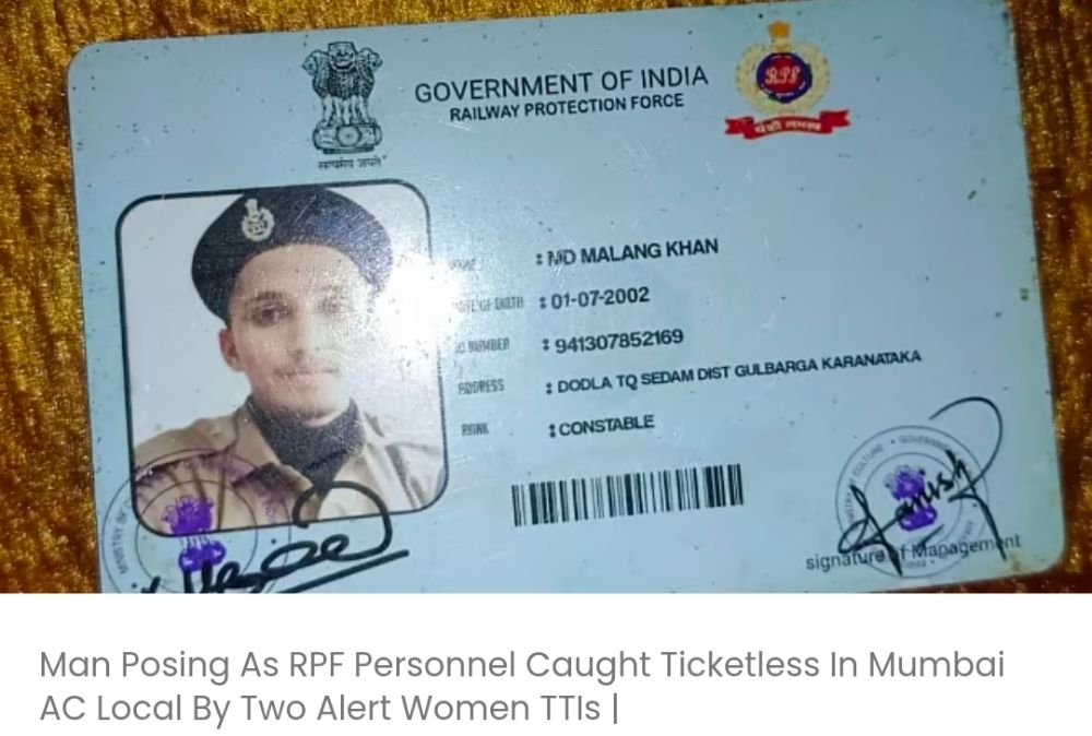 मुंबई की AC लोकल ट्रेन में RPF जवान बनकर बिना टिकट यात्रा कर रहा एक व्यक्ति दो सतर्क महिला TTI के हत्थे चढ़ गया