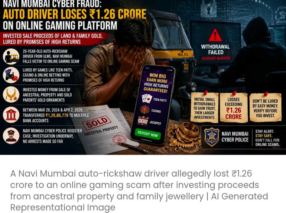 नवी मुंबई में साइबर धोखाधड़ी: ऑटो-रिक्शा ड्राइवर ने ज़मीन और परिवार के सोने के गहने बेचकर ऑनलाइन गेमिंग प्लेटफ़ॉर्म पर ₹1.26 करोड़ गंवा दिए; मामला दर्ज