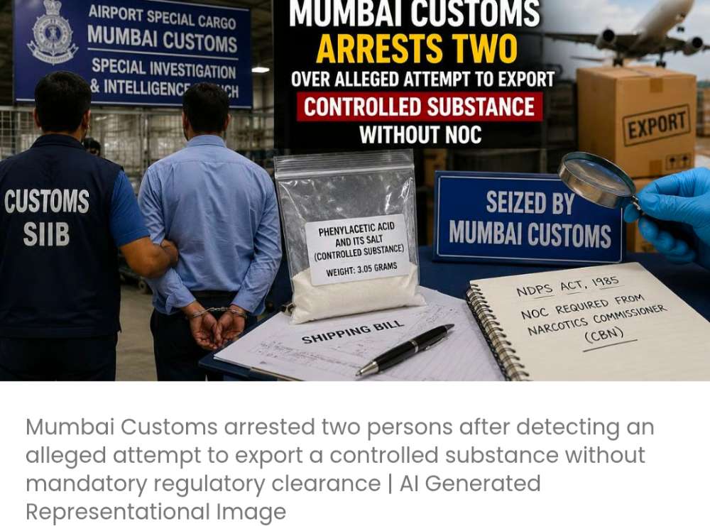 मुंबई कस्टम्स ने चेक रिपब्लिक में बिना NOC के प्रतिबंधित पदार्थ एक्सपोर्ट करने की कथित कोशिश के आरोप में 2 लोगों को गिरफ्तार किया