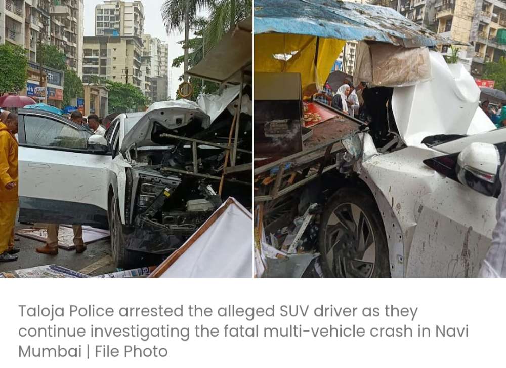 तालोजा पुलिस ने एक जानलेवा हादसे में SUV ड्राइवर को गिरफ़्तार किया, जिसमें एक व्यक्ति की मौत हो गई थी; आरोपी का दावा है कि उसने ब्रेक की जगह एक्सीलरेटर दबा दिया था