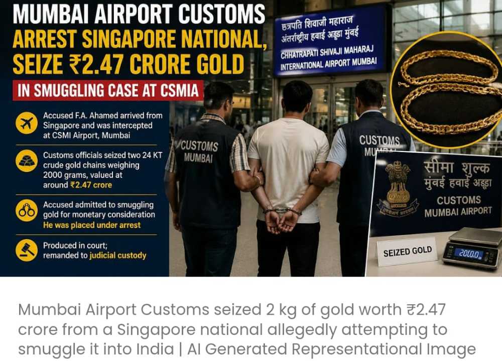 मुंबई एयरपोर्ट कस्टम्स ने CSMIA में तस्करी के मामले में सिंगापुर के एक नागरिक को गिरफ़्तार किया और ₹2.47 करोड़ का सोना ज़ब्त किया