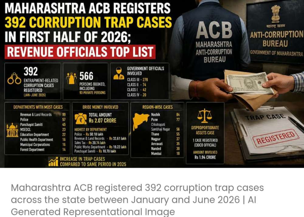 महाराष्ट्र ACB ने 2026 की पहली छमाही में भ्रष्टाचार के 392 ट्रैप मामले दर्ज किए; लिस्ट में रेवेन्यू अधिकारी सबसे आगे