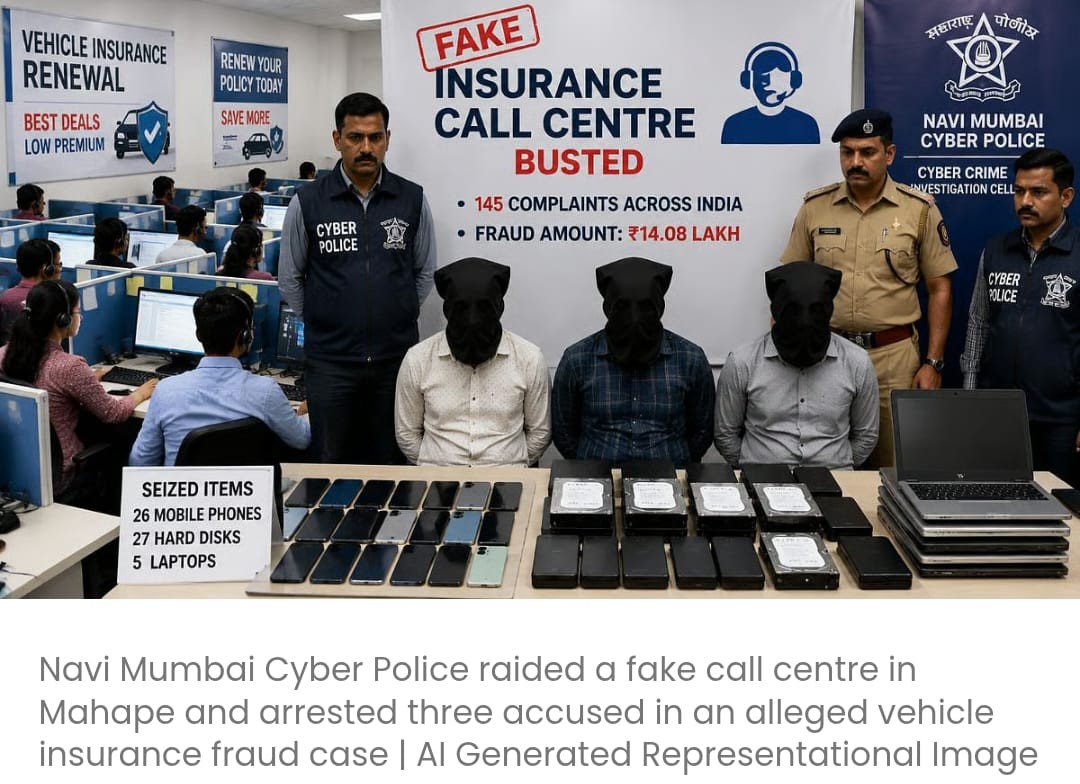 नवी मुंबई साइबर पुलिस ने नकली वाहन बीमा कॉल सेंटर का भंडाफोड़ किया; 145 शिकायतों से जुड़े ₹14.08 लाख की कथित धोखाधड़ी के मामले में 3 लोग गिरफ्तार