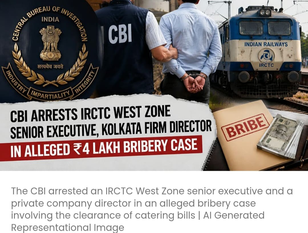 CBI ने ₹4 लाख की कथित रिश्वत के मामले में IRCTC वेस्ट ज़ोन के सीनियर एग्जीक्यूटिव और कोलकाता की एक फ़र्म के डायरेक्टर को गिरफ़्तार किया