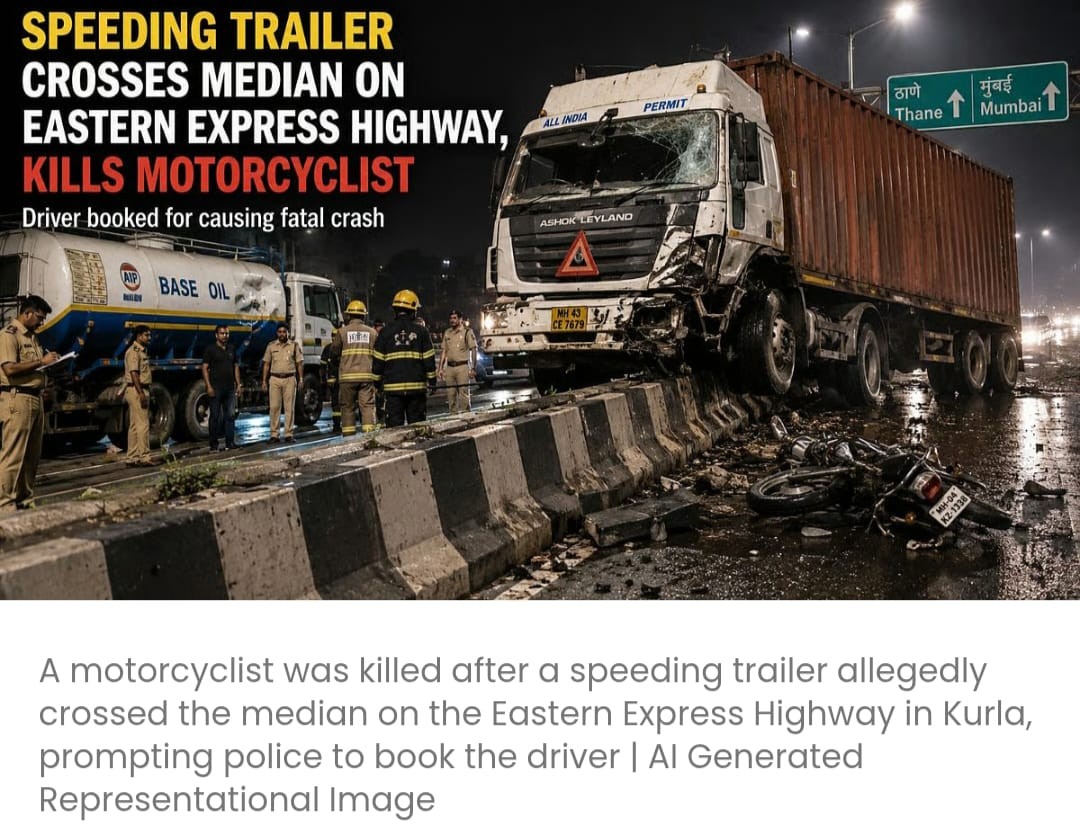 ईस्टर्न एक्सप्रेस हाईवे पर तेज़ रफ़्तार ट्रेलर मीडियन पार कर गया, जिससे 48 वर्षीय मोटरसाइकिल सवार की मौत हो गई; ड्राइवर पर मामला दर्ज