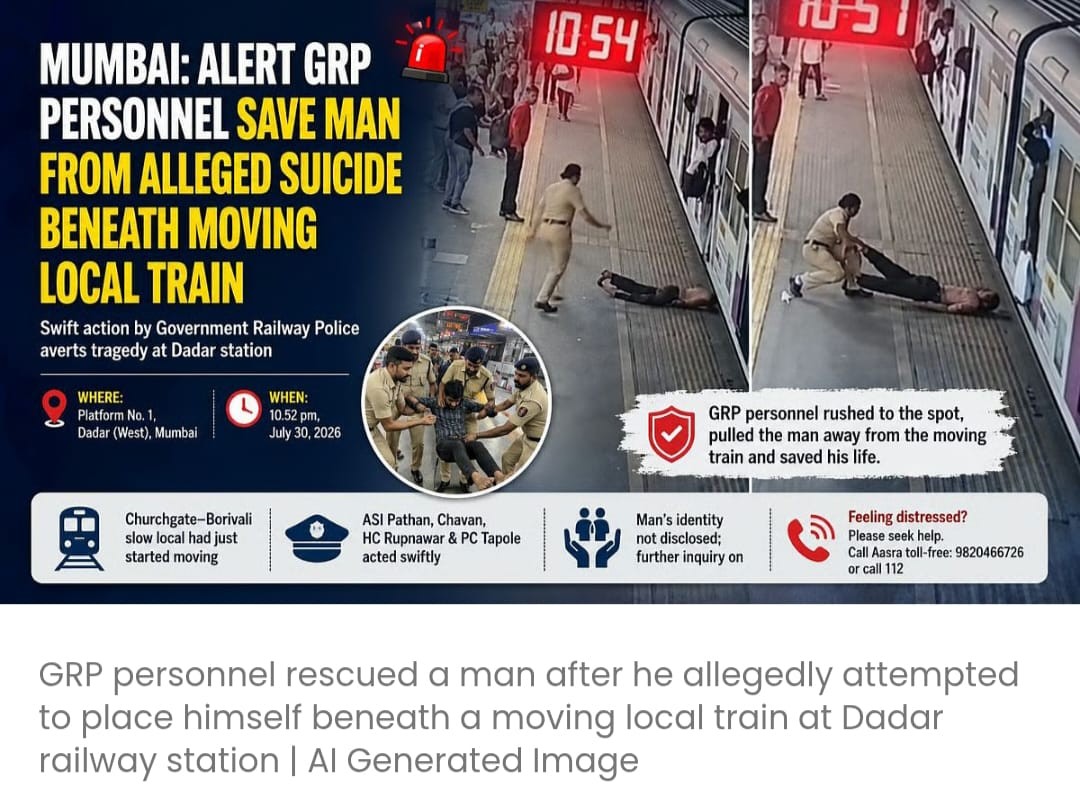 दादर स्टेशन पर चलती लोकल ट्रेन के नीचे कथित तौर पर आत्महत्या की कोशिश कर रहे एक व्यक्ति को सतर्क GRP कर्मियों ने बचाया