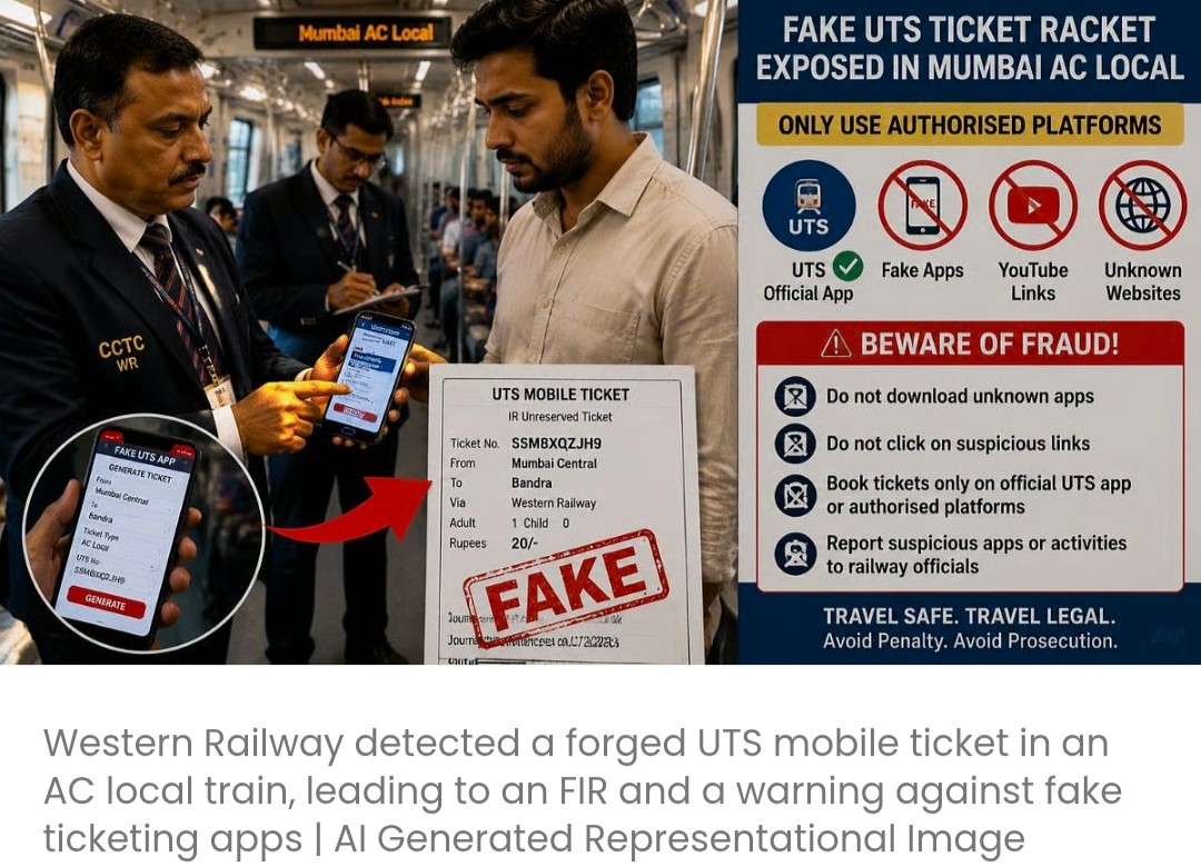 वेस्टर्न रेलवे की AC लोकल ट्रेन में नकली UTS टिकट रैकेट का भंडाफोड़; FIR दर्ज, यात्रियों को फ़र्ज़ी ऐप्स से सावधान रहने की चेतावनी