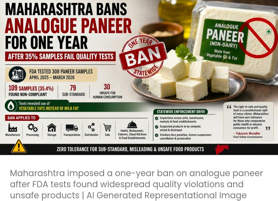 FDA क्वालिटी टेस्ट में 35.4 प्रतिशत सैंपल फेल होने के बाद महाराष्ट्र सरकार ने एनालॉग पनीर पर एक साल के लिए रोक लगा दी है