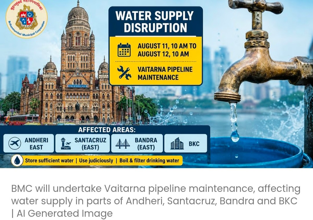 BMC ने 11-12 अगस्त को अंधेरी, सांताक्रूज़, बांद्रा और BKC में पानी की सप्लाई में रुकावट की घोषणा की; पूरी जानकारी देखें