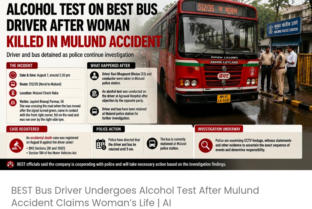 मुलुंड में हुए हादसे में एक महिला की मौत के बाद BEST बस ड्राइवर का अल्कोहल टेस्ट किया गया