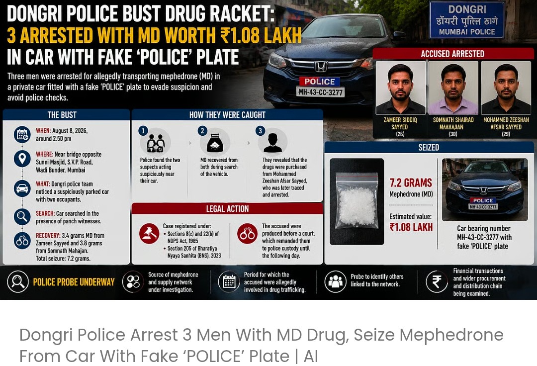 डोंगरी पुलिस ने MD ड्रग के साथ 3 लोगों को गिरफ़्तार किया; फ़र्ज़ी 'POLICE' प्लेट वाली कार से मेफेड्रोन ज़ब्त की