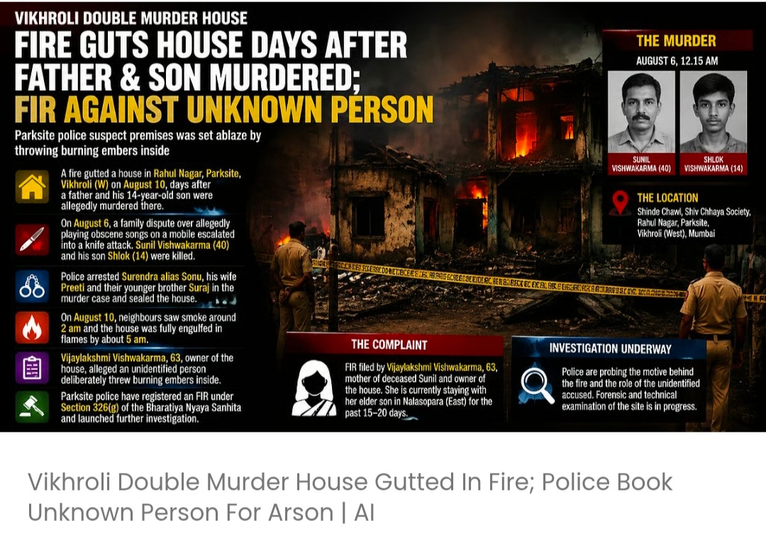 विक्रोली में डबल मर्डर वाले घर में आग लगने से घर जलकर खाक; पुलिस ने अज्ञात व्यक्ति के खिलाफ आगजनी का मामला दर्ज किया