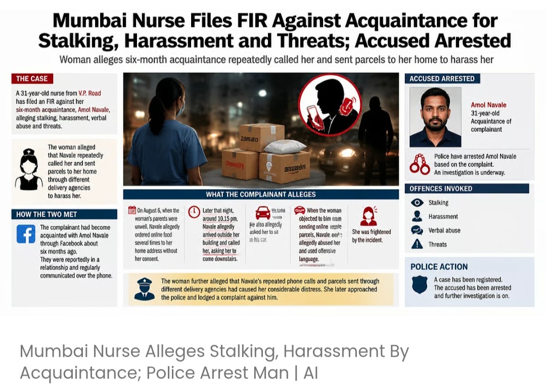 मुंबई में नर्स ने जान-पहचान वाले पर पीछा करने और परेशान करने का आरोप लगाया; पुलिस ने आरोपी को गिरफ़्तार किया