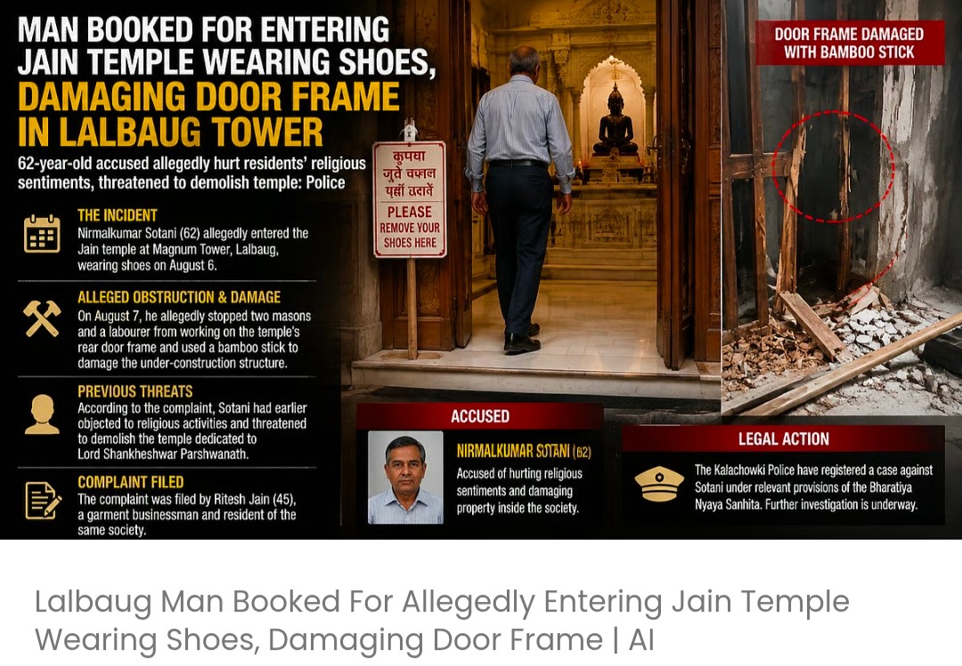 लालबाग के एक व्यक्ति पर जूते पहनकर जैन मंदिर में घुसने और दरवाज़े के फ्रेम को नुकसान पहुँचाने का आरोप है
