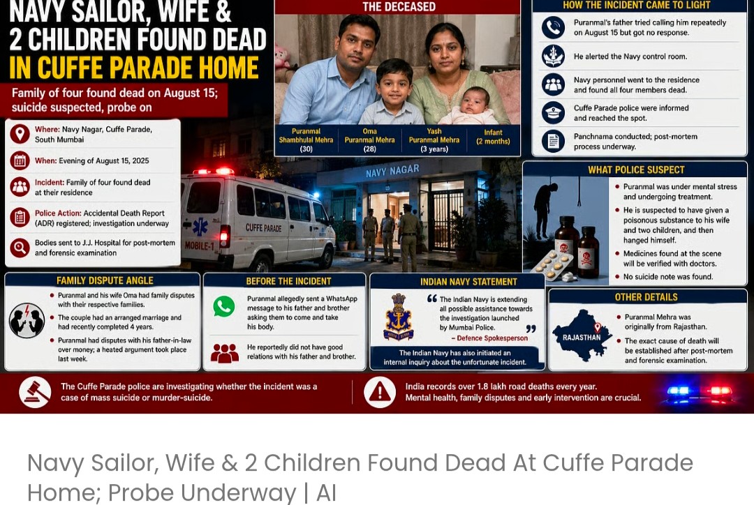 कफ परेड स्थित घर में नौसेना के नाविक, उनकी पत्नी और दो बच्चे मृत पाए गए; जांच जारी है