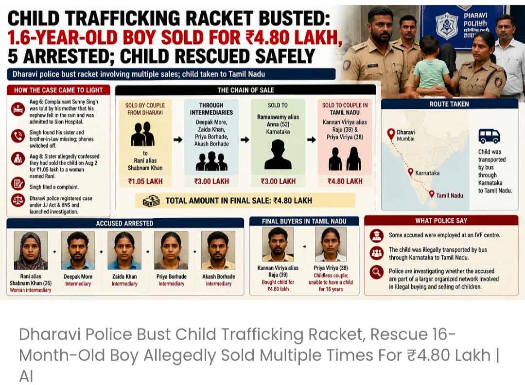 धारावी पुलिस ने बच्चों की तस्करी करने वाले एक गिरोह का भंडाफोड़ किया और 16 महीने के एक बच्चे को बचाया, जिसे कथित तौर पर कई बार ₹4.80 लाख में बेचा गया था
