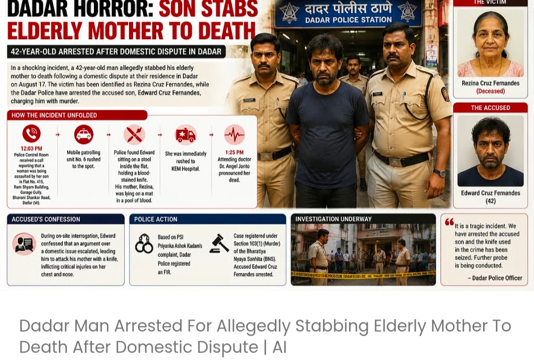 दादर में घरेलू झगड़े के बाद बुजुर्ग मां की चाकू मारकर हत्या करने के आरोप में एक व्यक्ति को गिरफ्तार किया गया