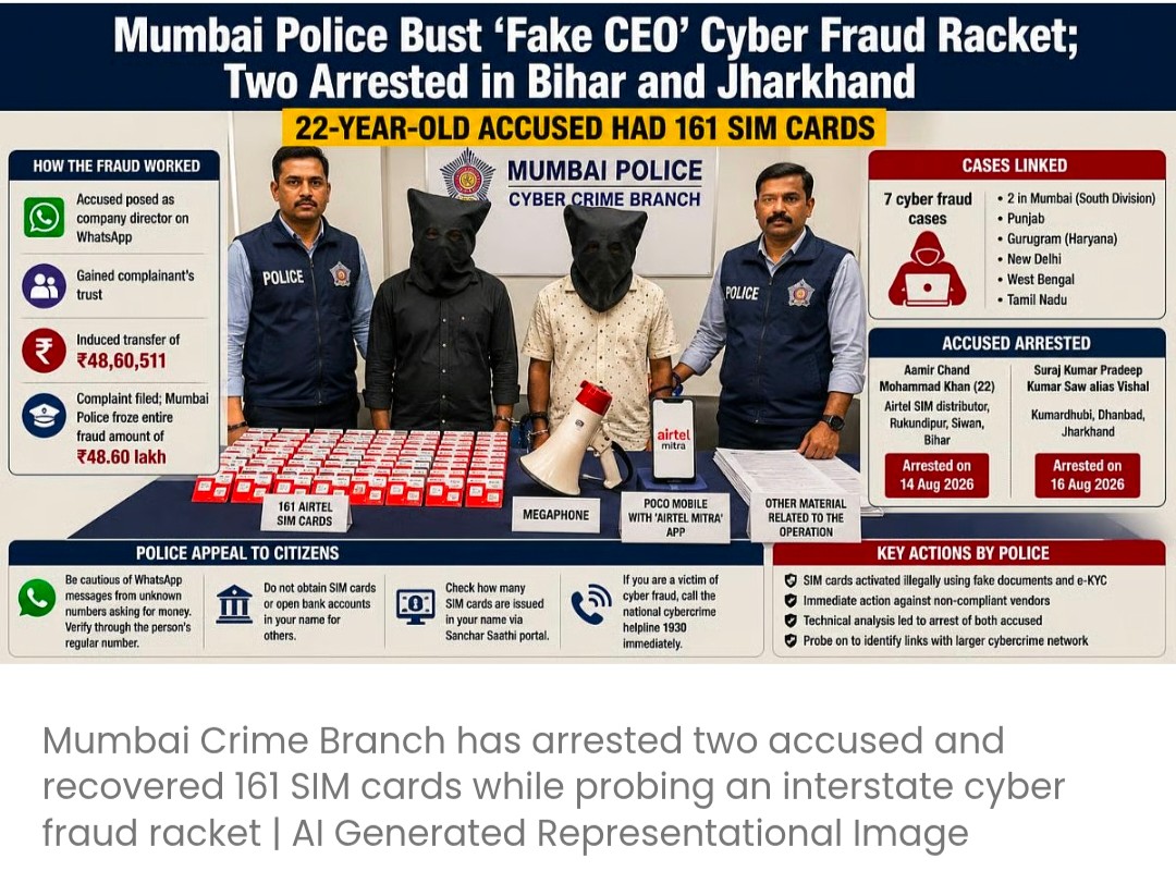 मुंबई पुलिस ने ‘फ़ेक CEO’ साइबर फ्रॉड रैकेट का पर्दाफ़ाश किया; 2 लोग गिरफ़्तार, 161 सिम कार्ड बरामद