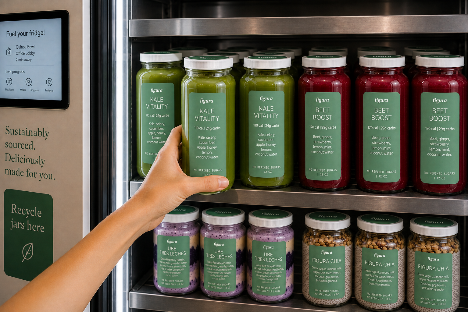 Figura Grab & Go fridge stocked with jars and cold-pressed juices