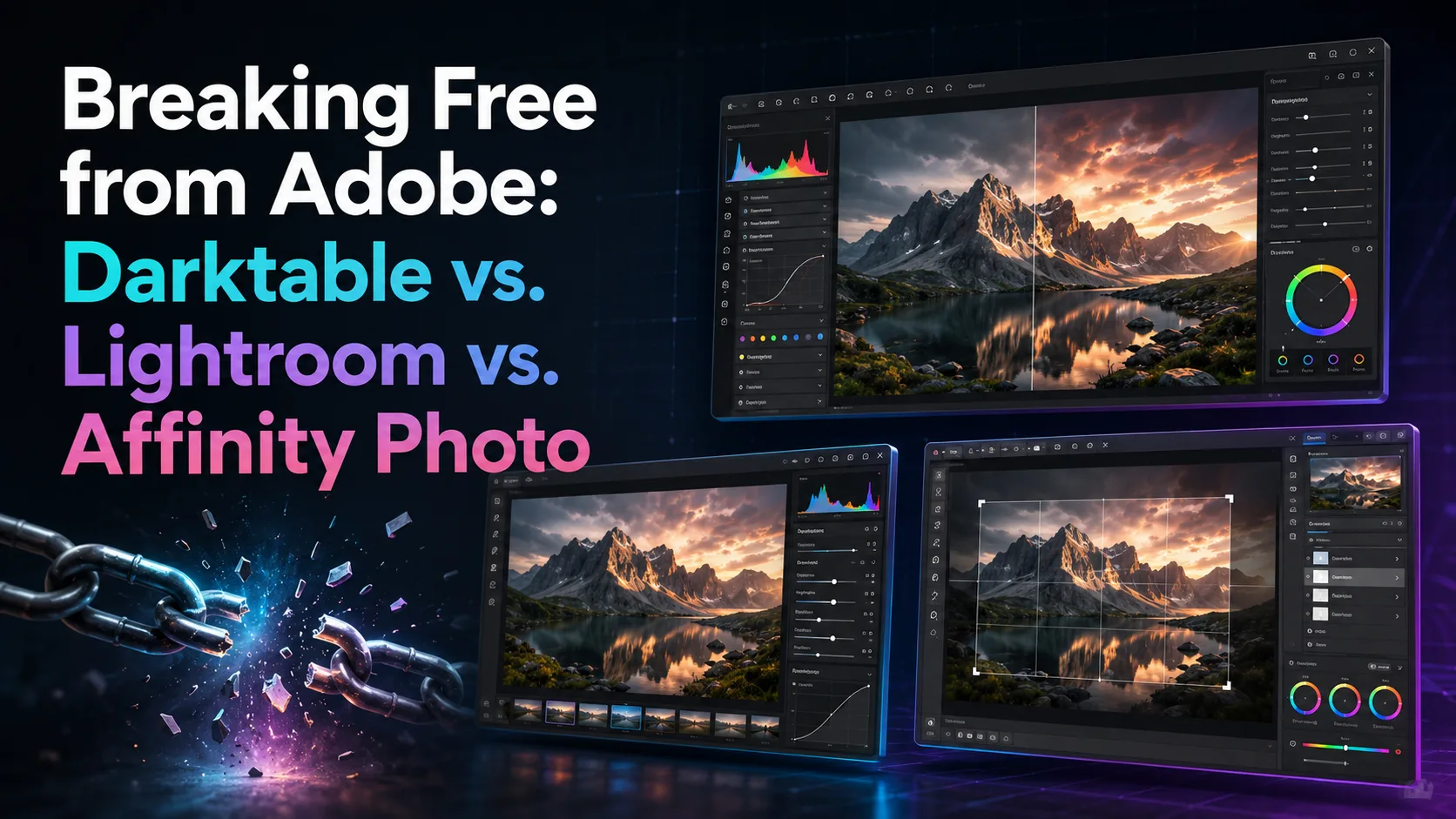 التحرر من قيود أدوبي: مقارنة شاملة بين Darktable و Lightroom و Affinity Photo