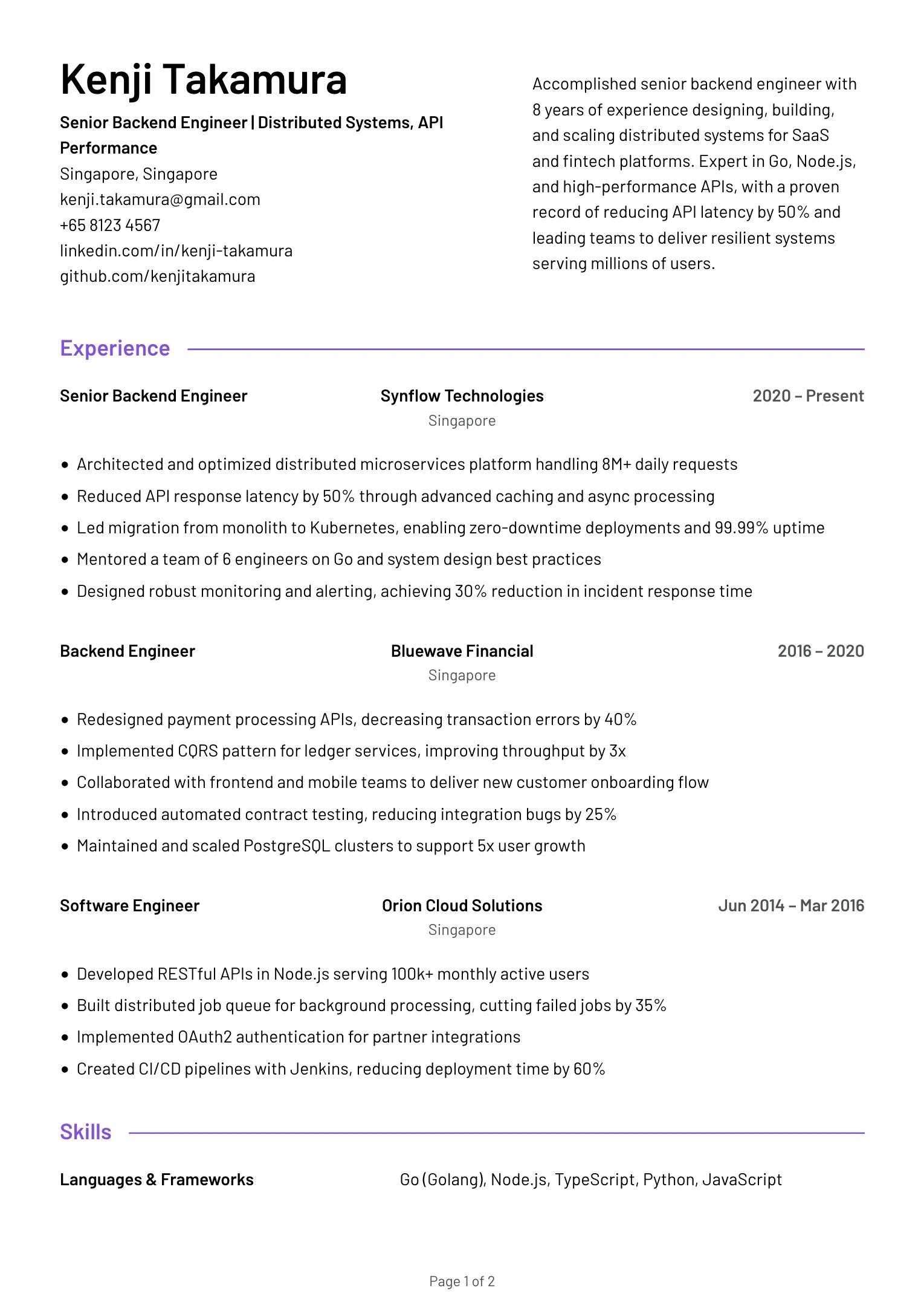 Senior Backend Engineer Resume Example