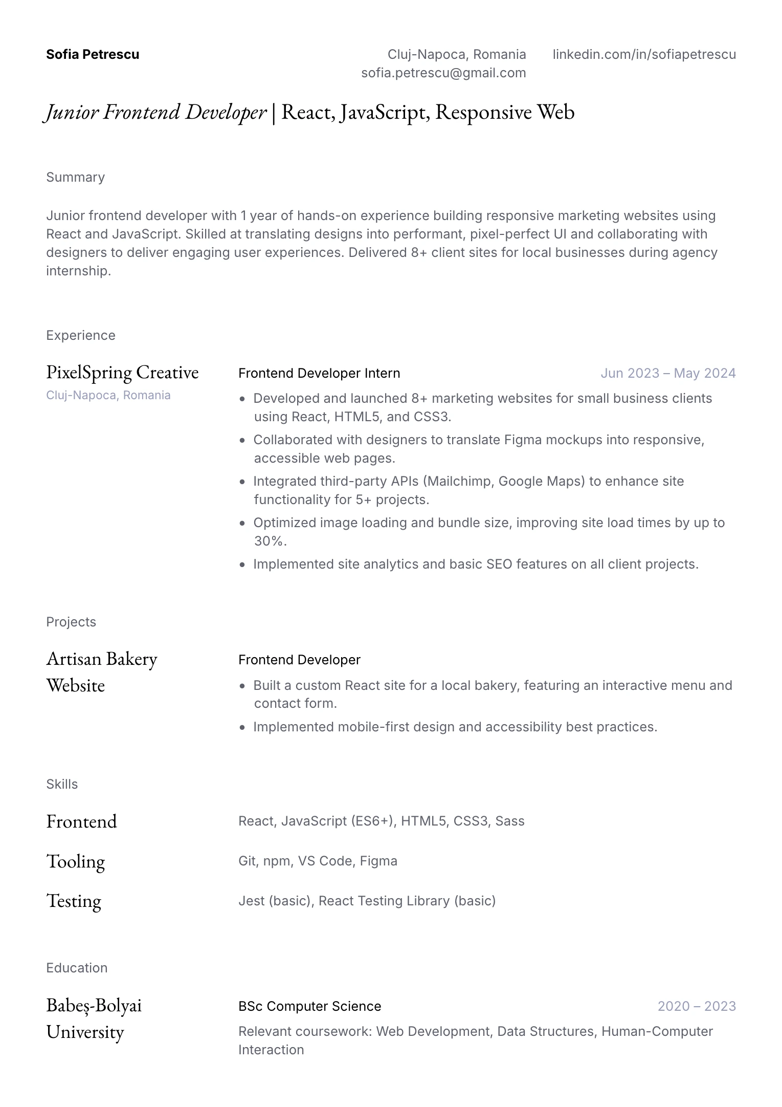 Junior Frontend Developer Resume Example