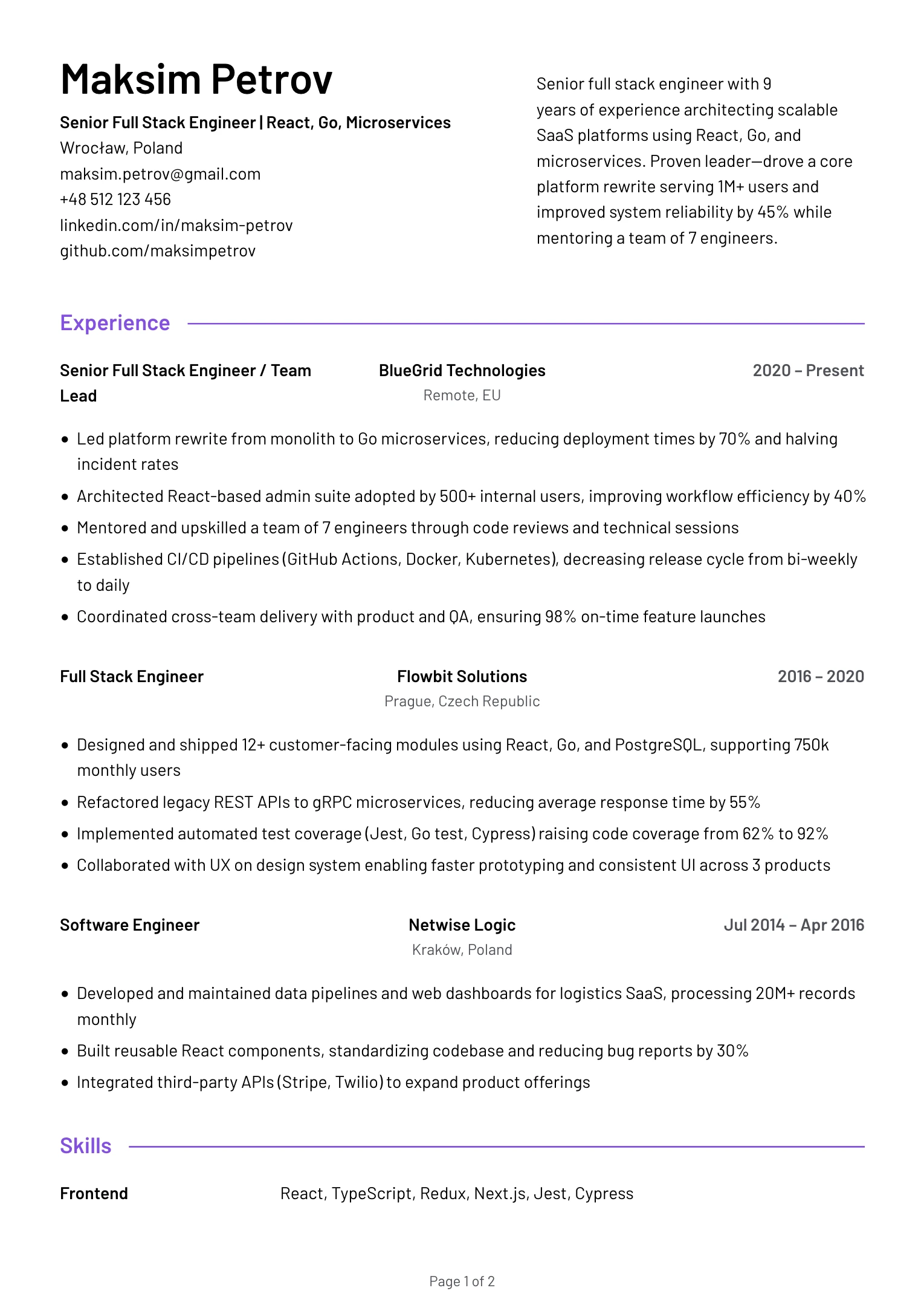 Senior Full Stack Engineer Resume Example