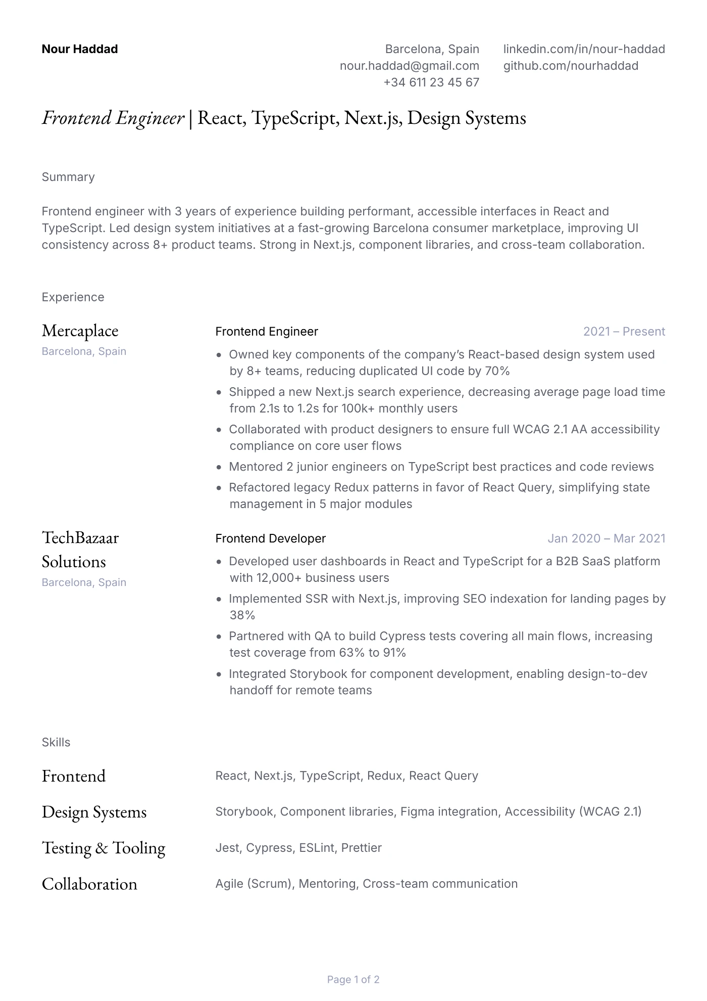 Mid-Level Frontend Engineer Resume Example