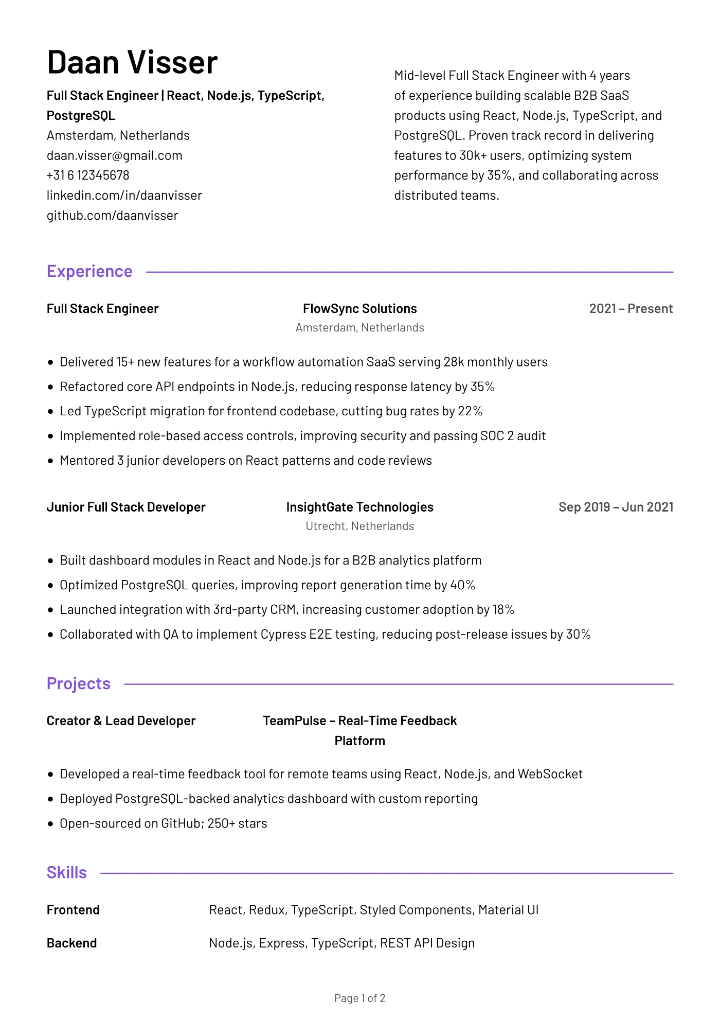 Mid-Level Full Stack Engineer Resume Example