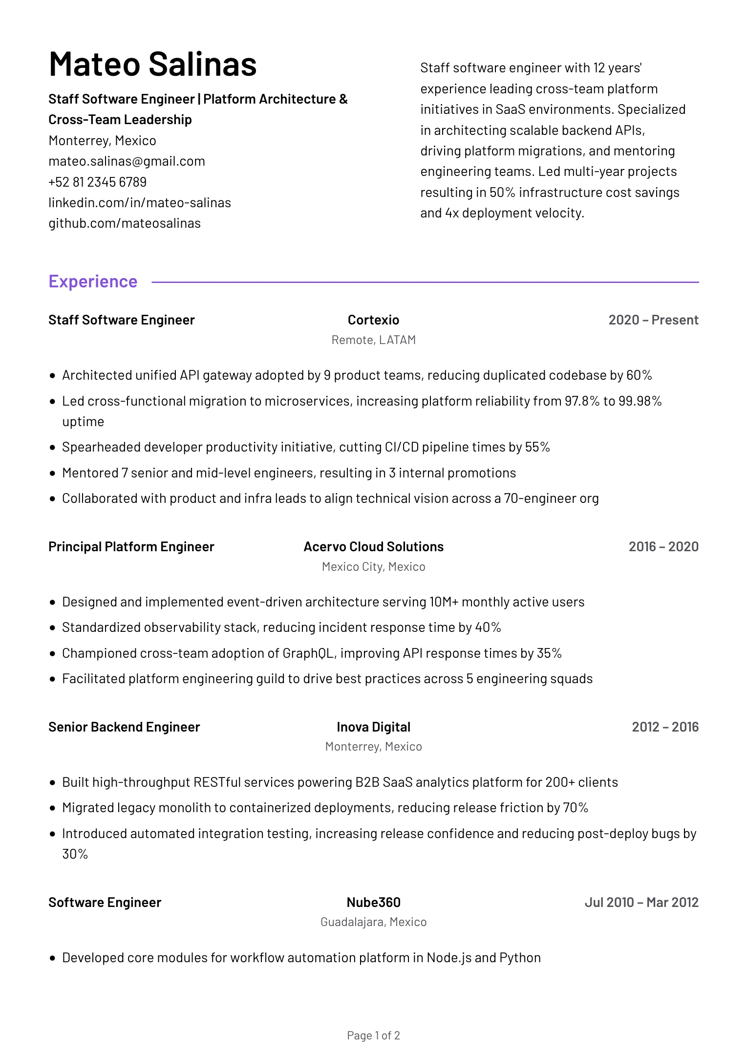 Staff Software Engineer Resume Example
