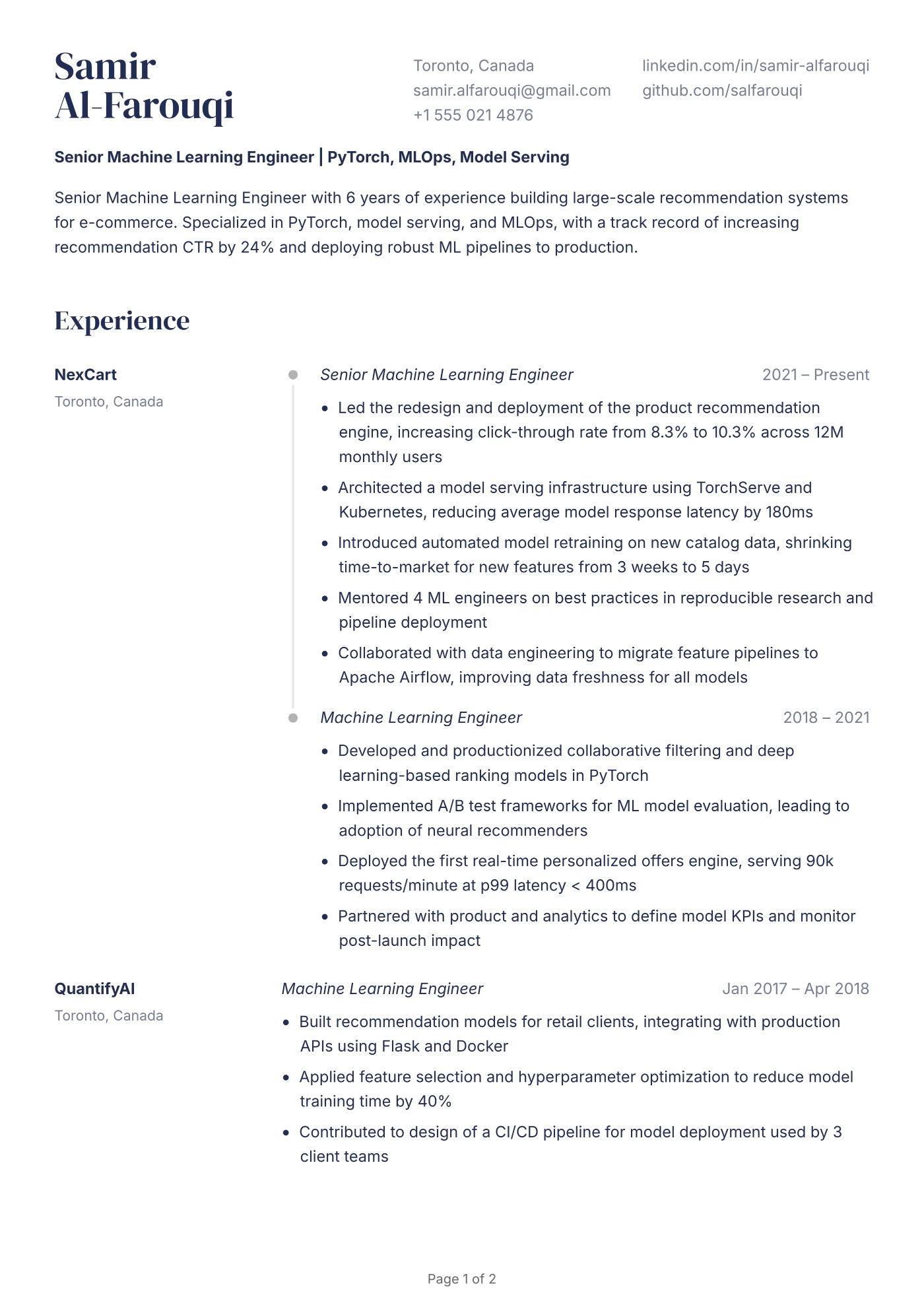 Senior Machine Learning Engineer Resume Example