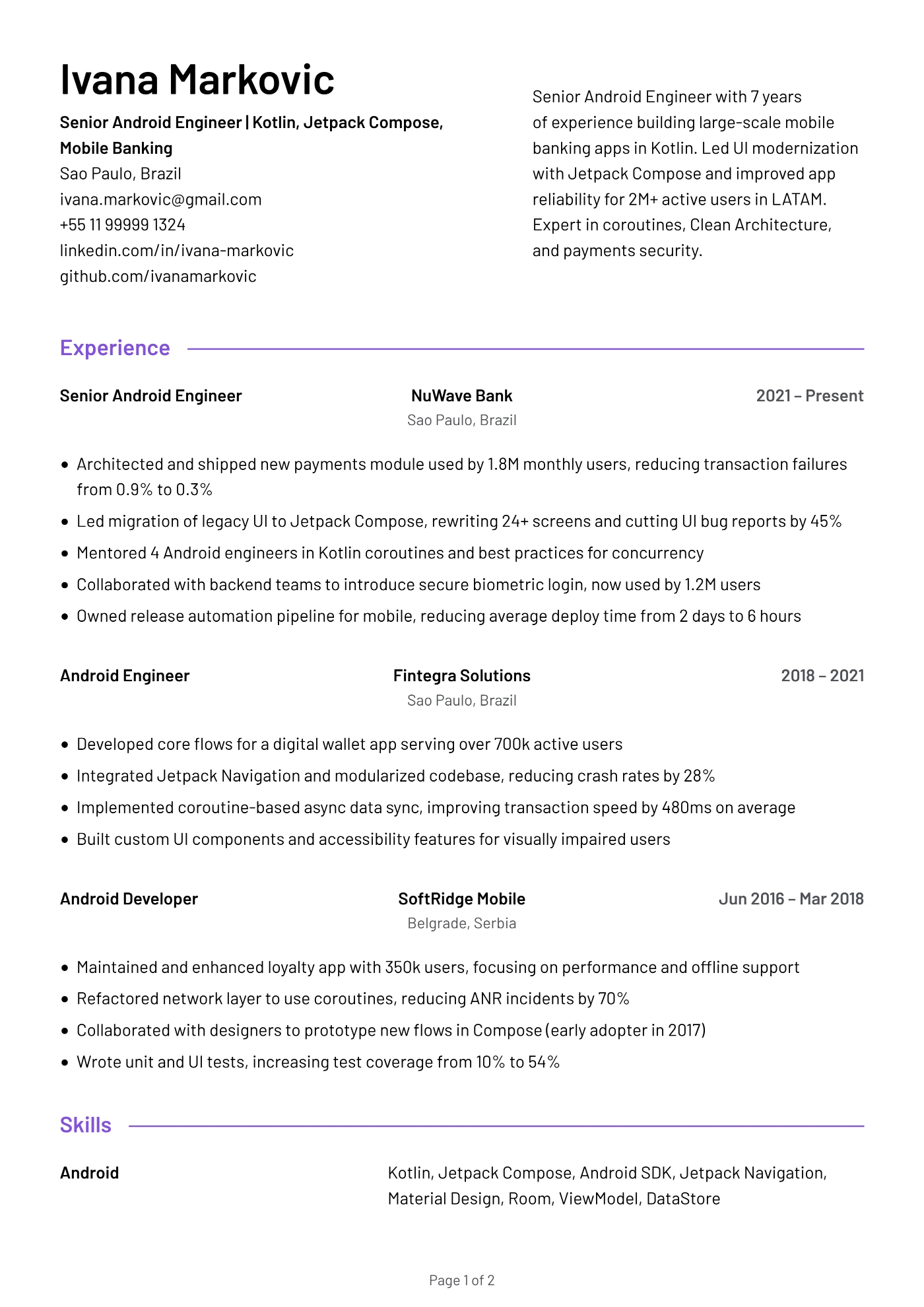 Senior Android Engineer Resume Example