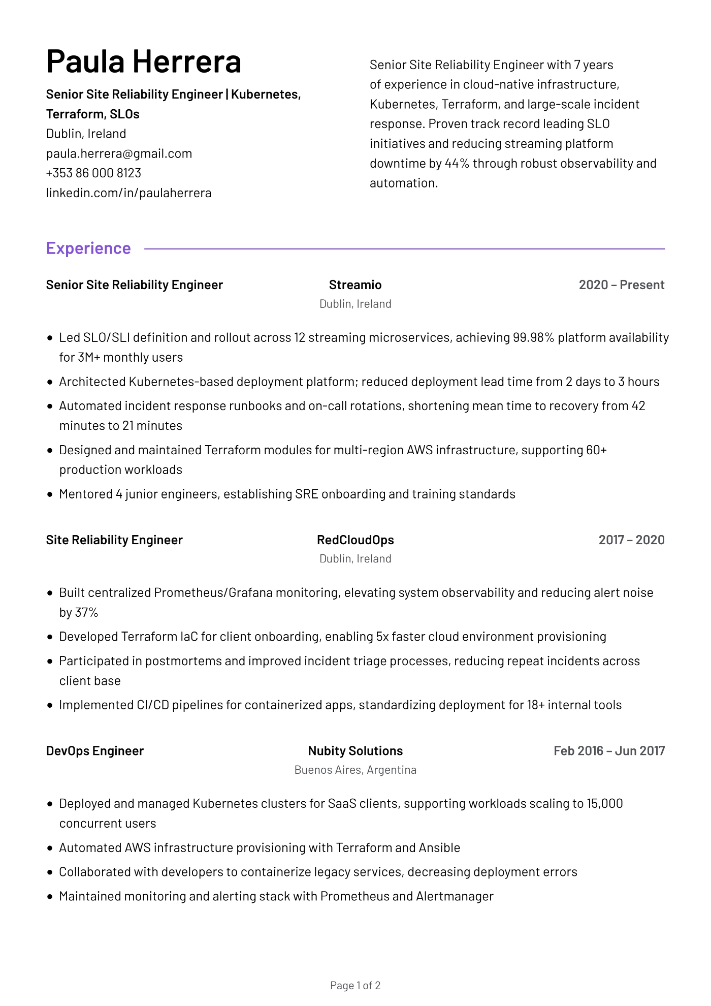 Senior Site Reliability Engineer Resume Example