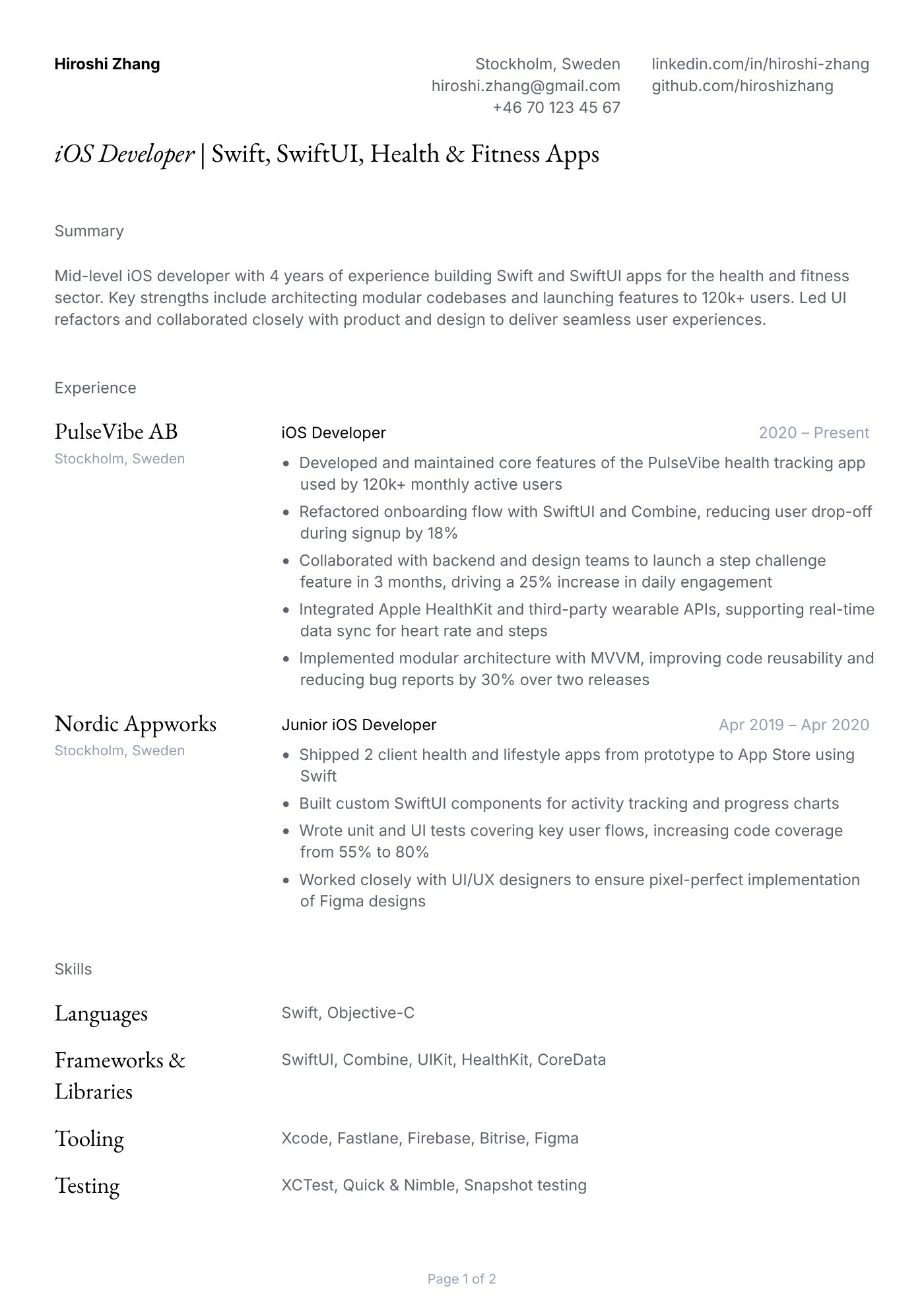 Mid-Level iOS Developer Resume Example