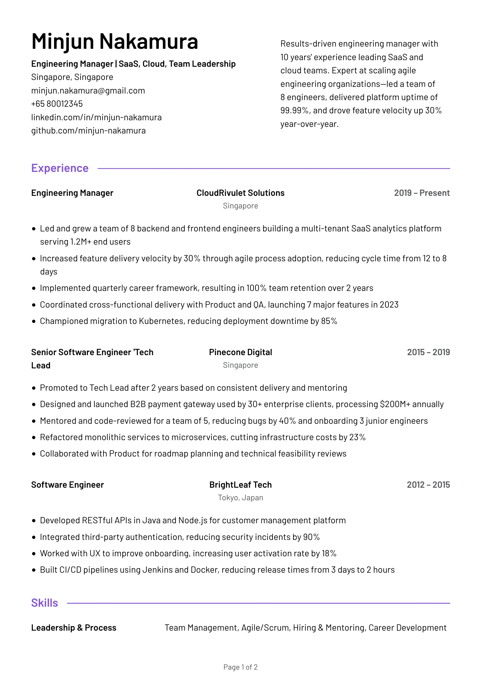Lead Engineering Manager Resume Example