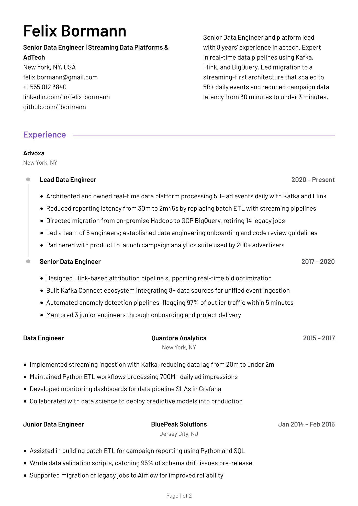 Senior Data Engineer Resume Example