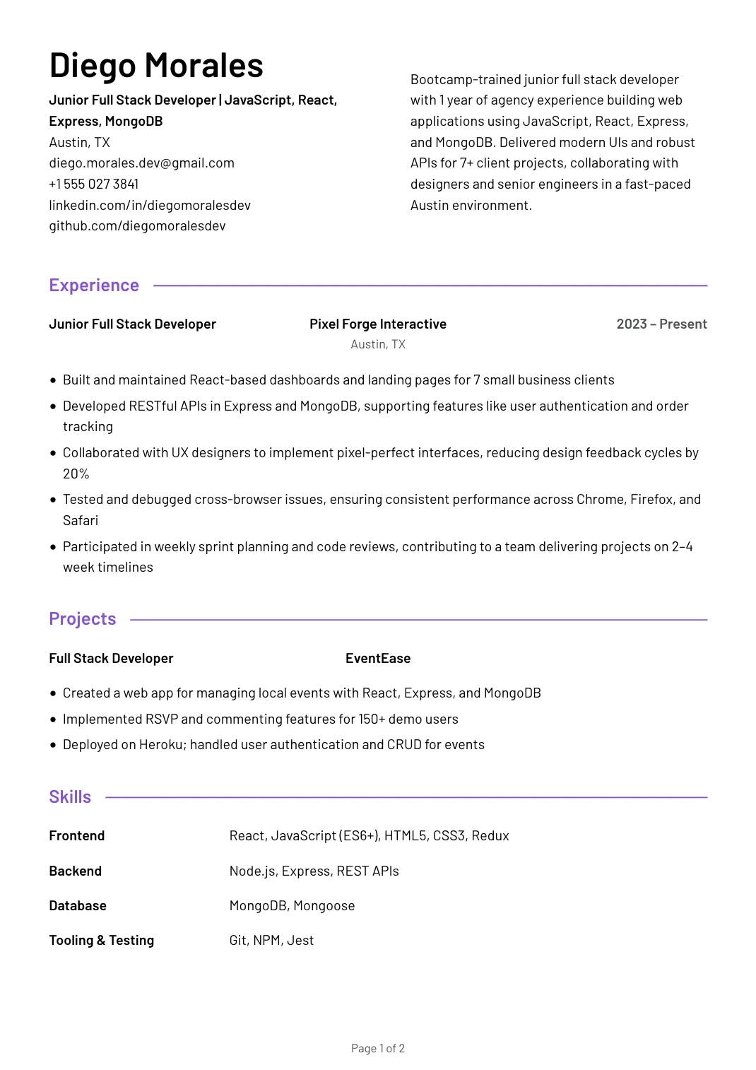 Junior Full Stack Developer Resume Example