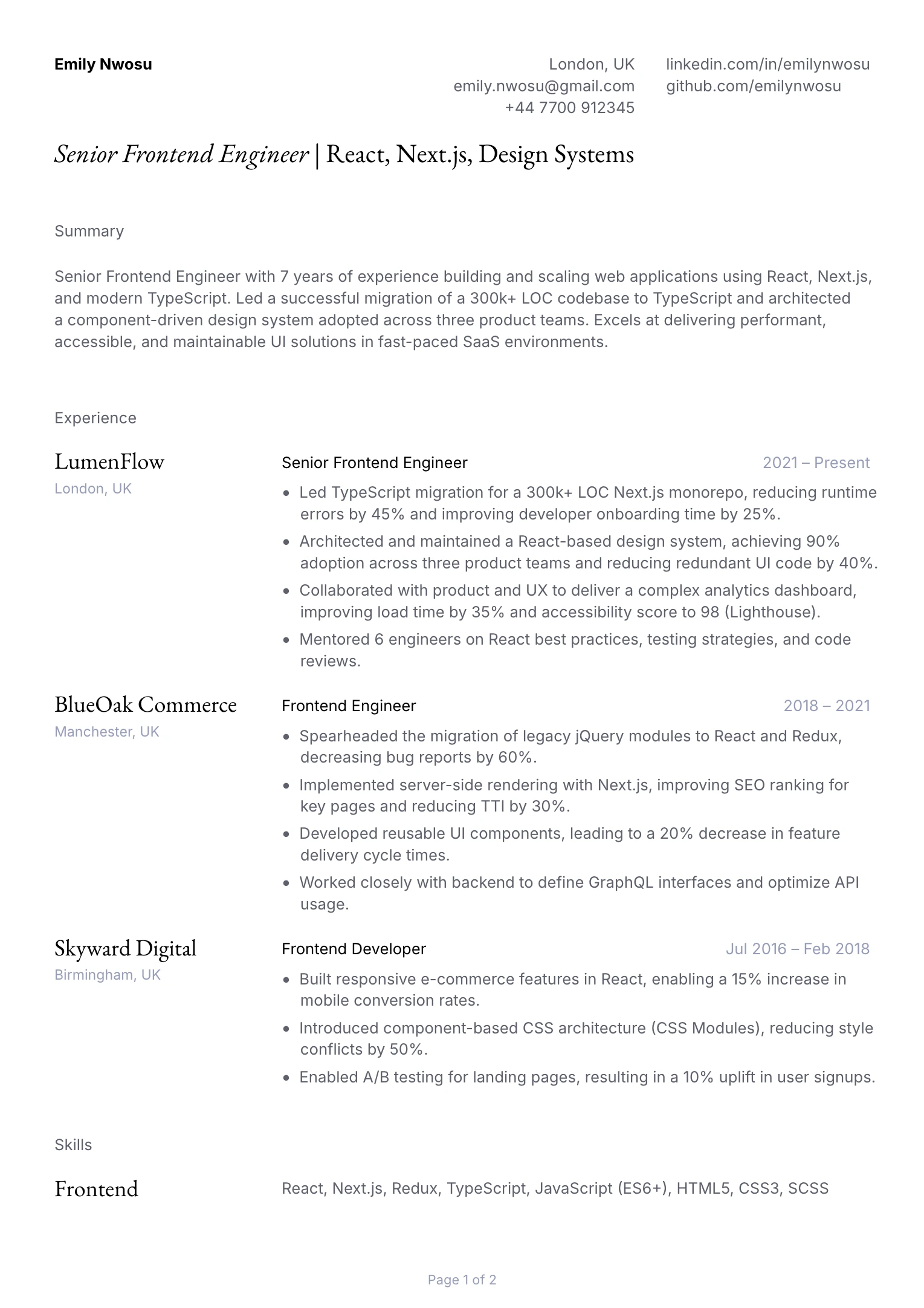 Senior Frontend Engineer Resume Example