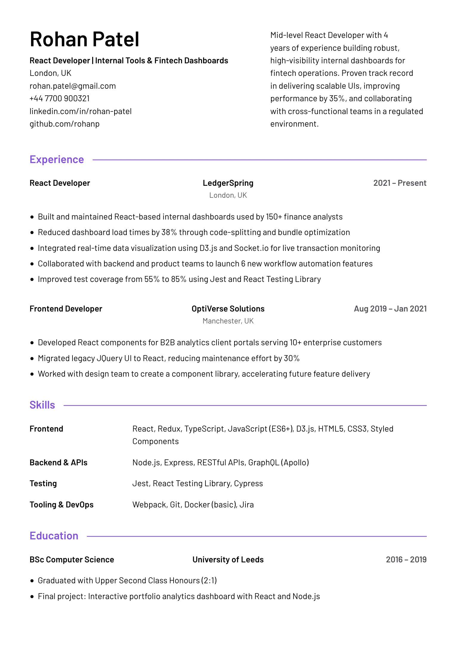 Mid React Developer Resume Example