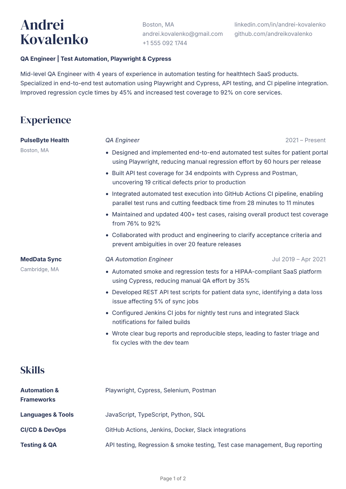 Mid-Level QA Engineer Resume Example