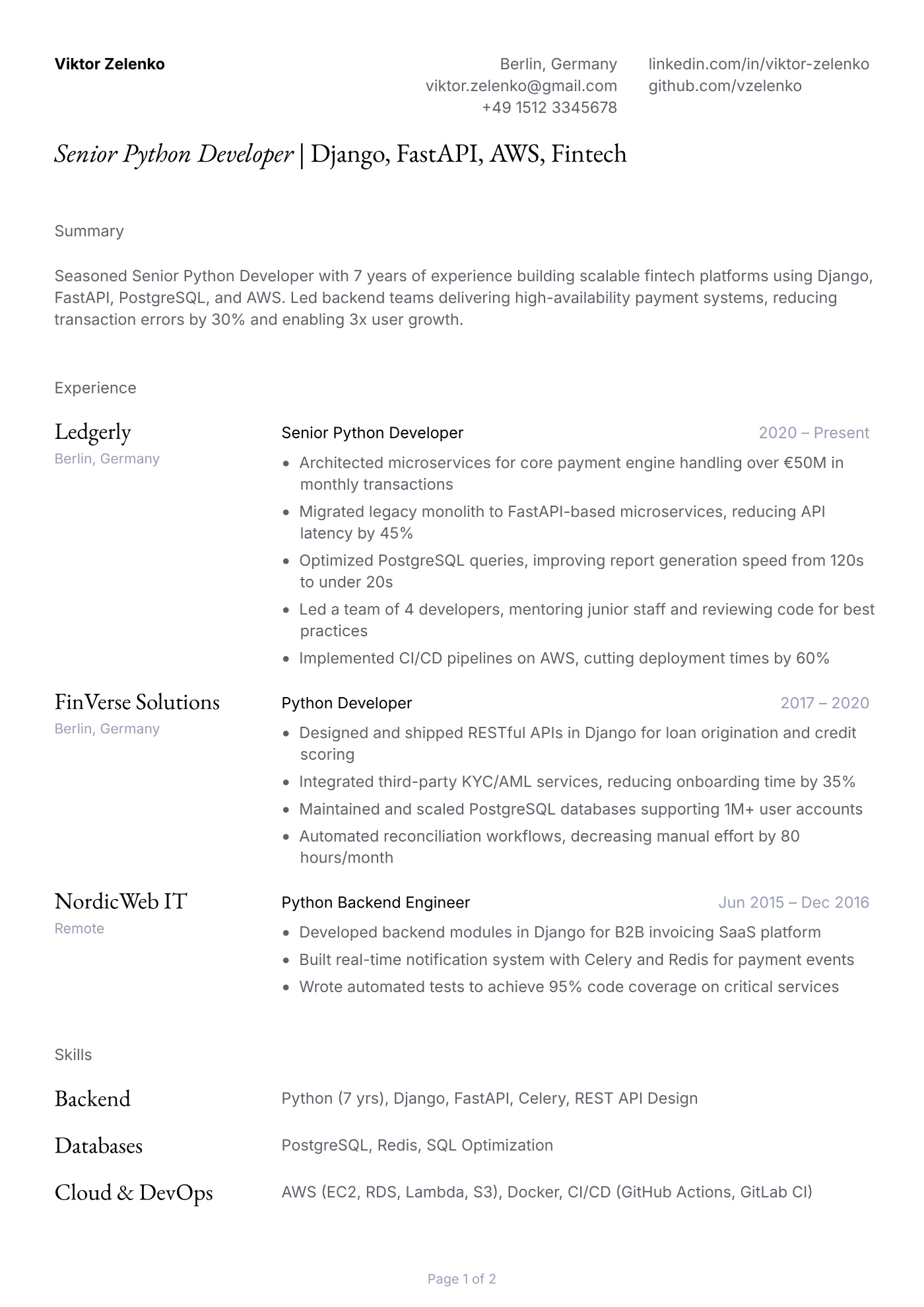 Senior Python Developer Resume Example
