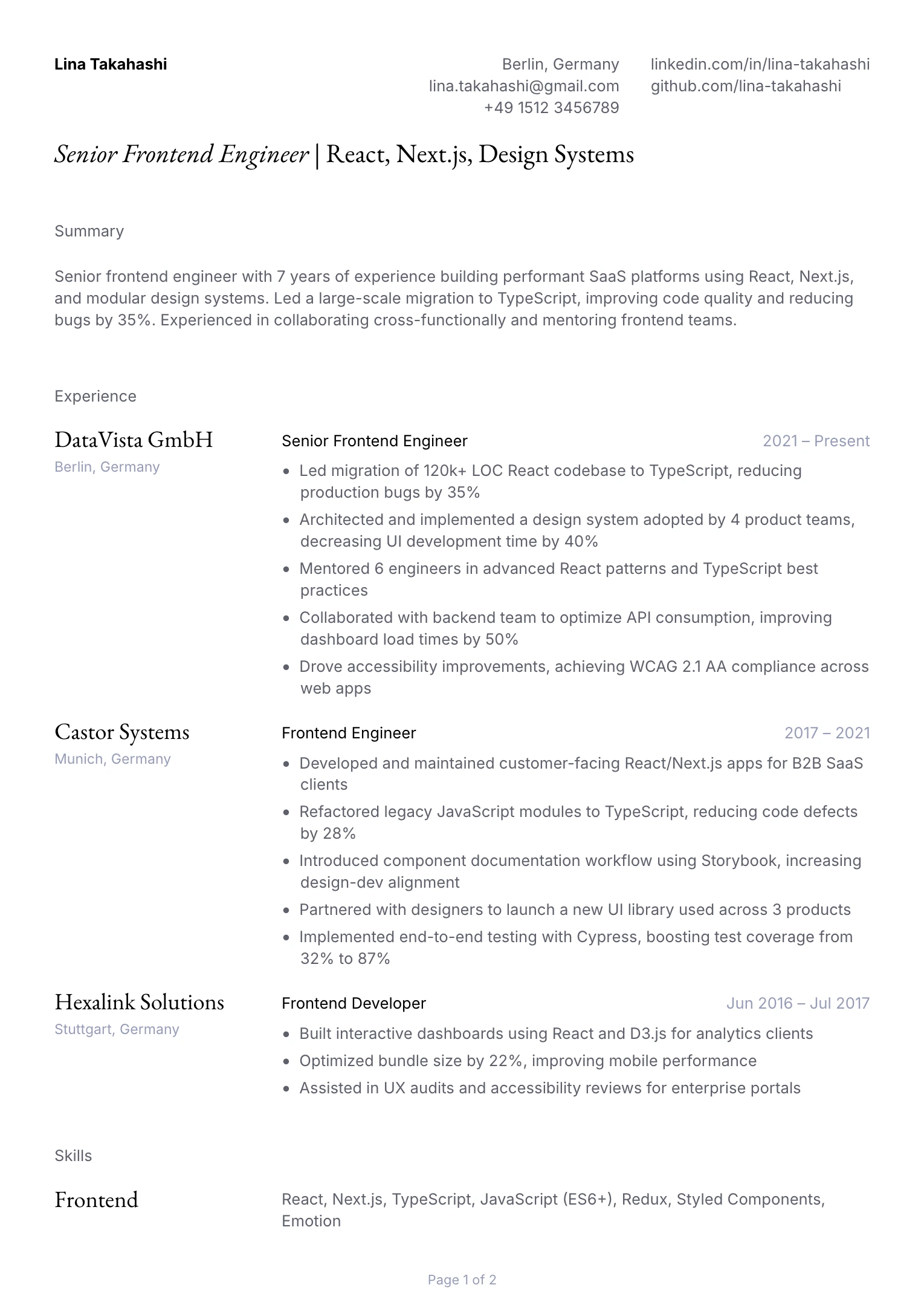 Senior Frontend Engineer Resume Example