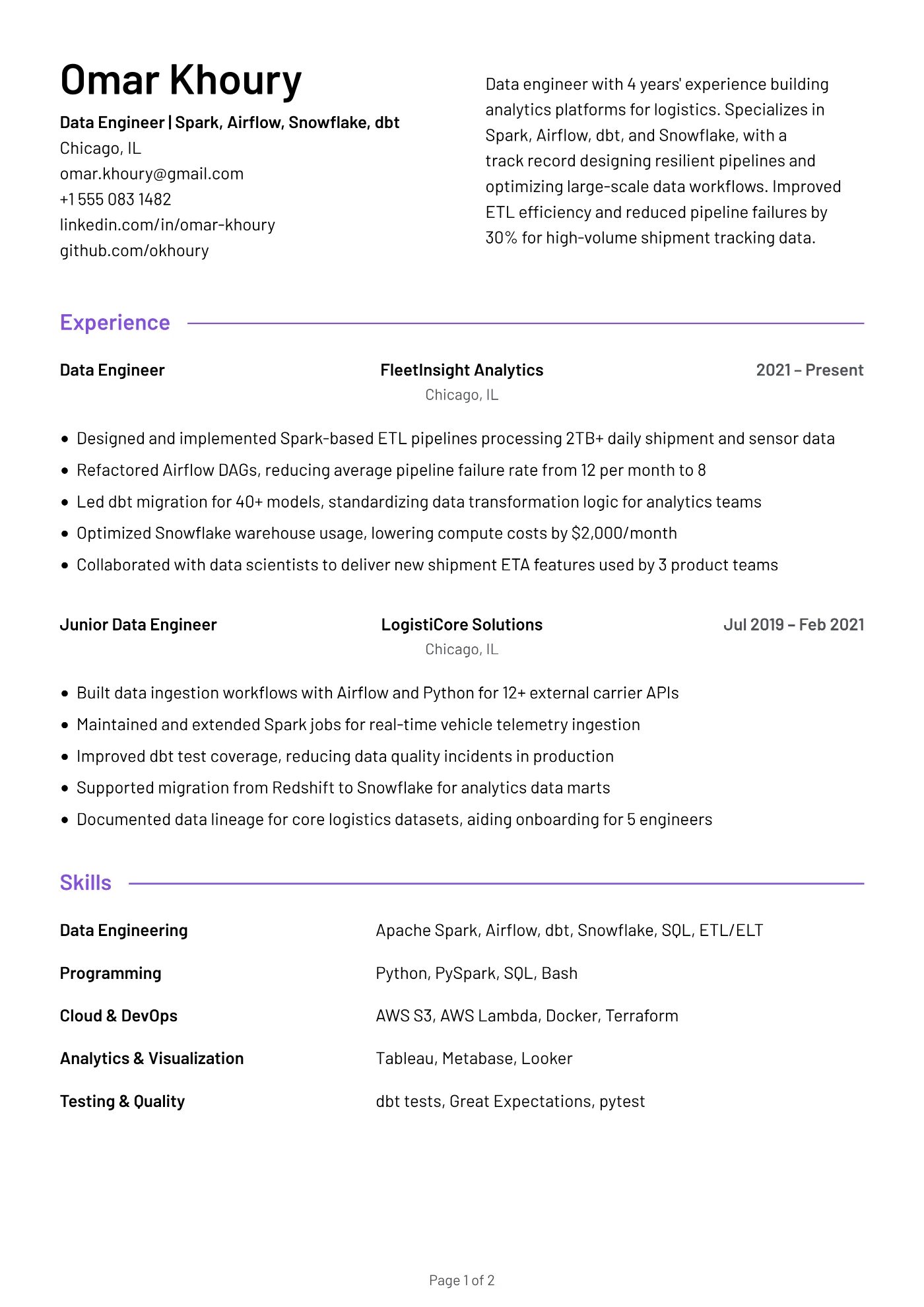 Mid-Level Data Engineer Resume Example