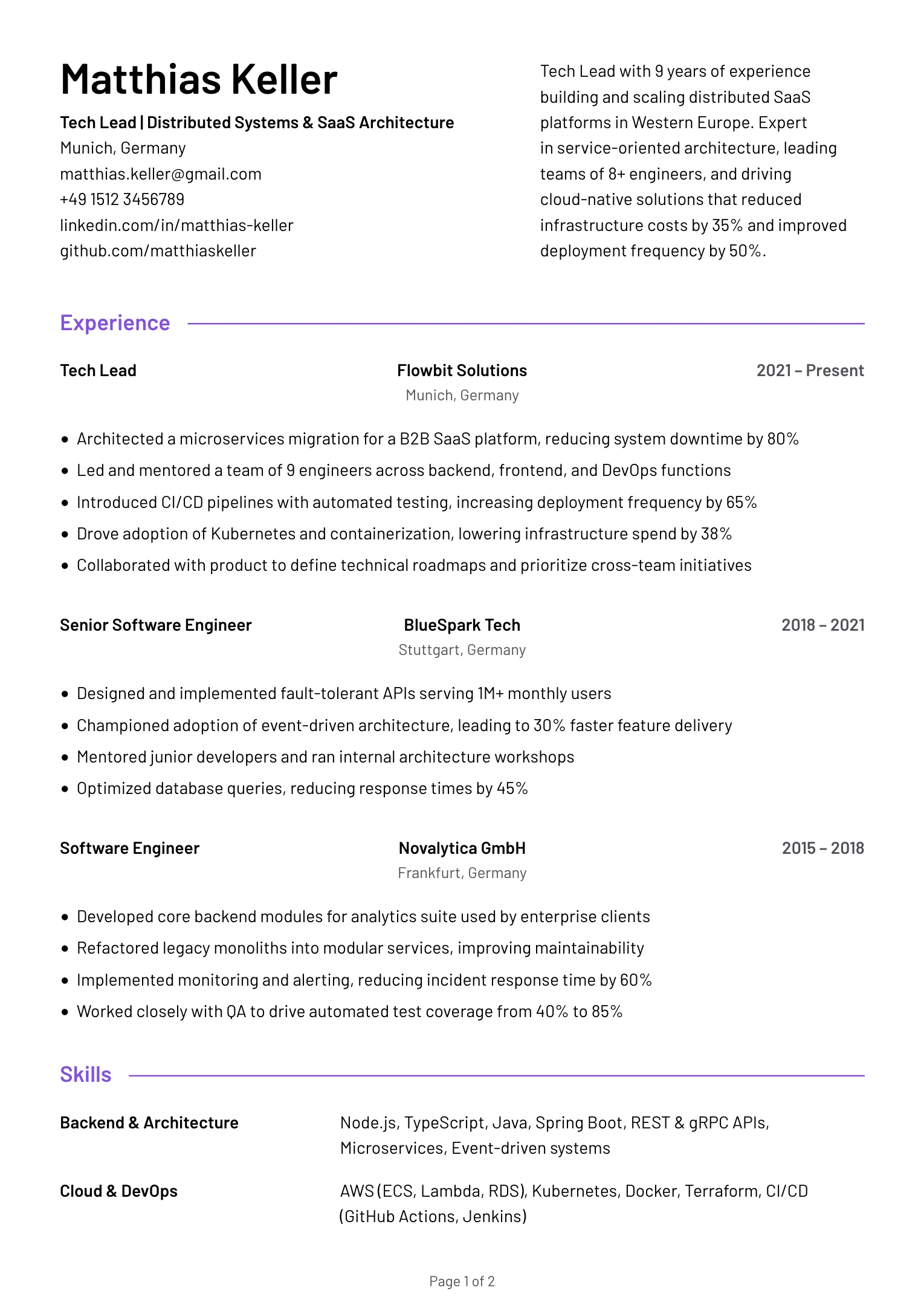 Lead Tech Lead Resume Example