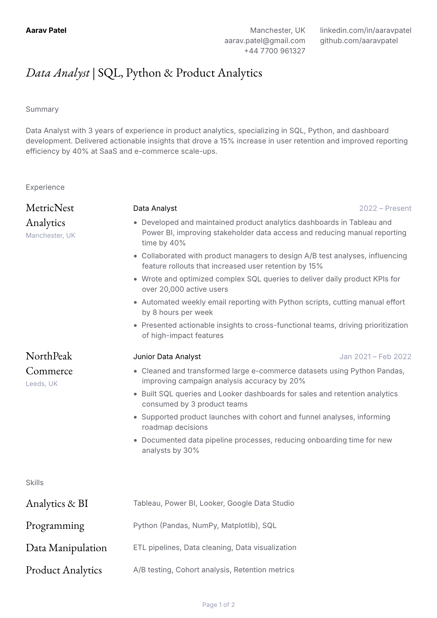 Mid Data Analyst Resume Example