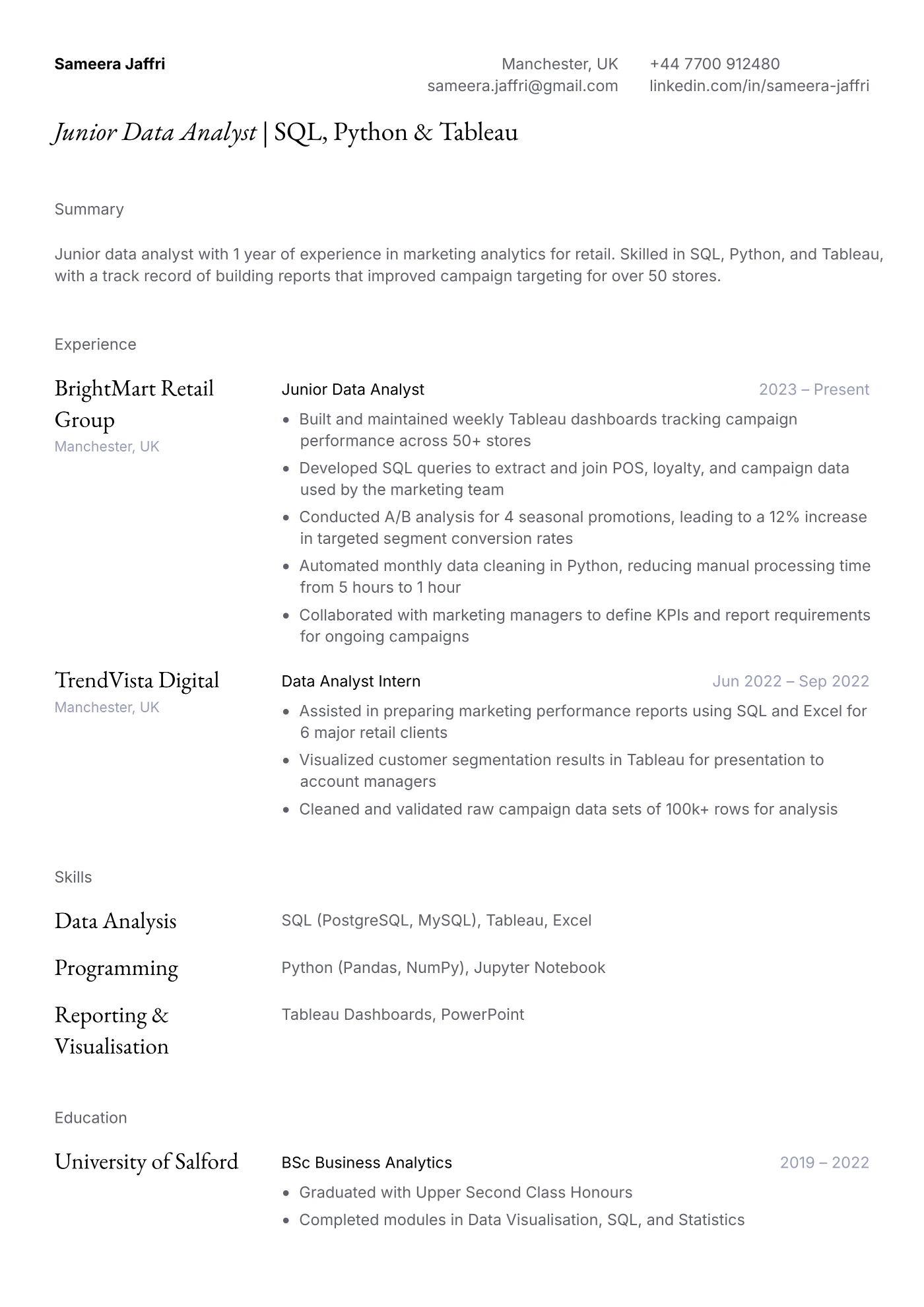 Junior Data Analyst Resume Example