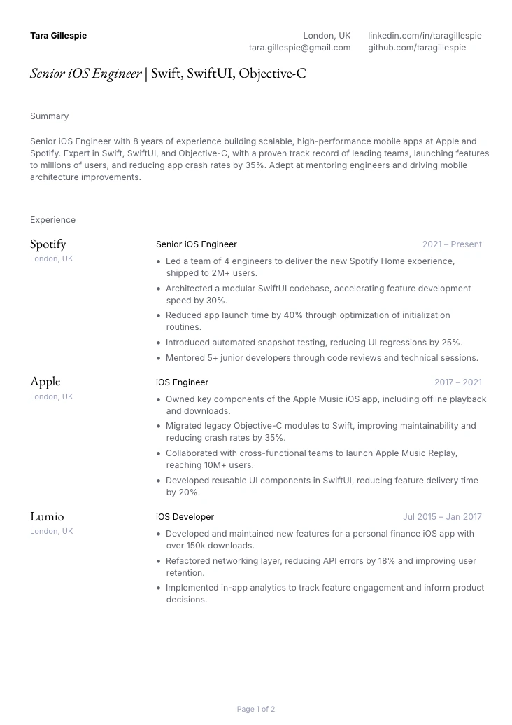 Senior iOS Engineer Resume Example