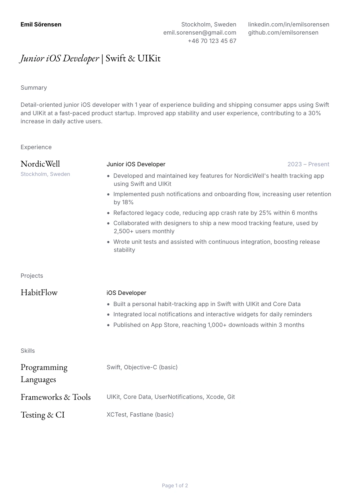 Junior iOS Developer Resume Example