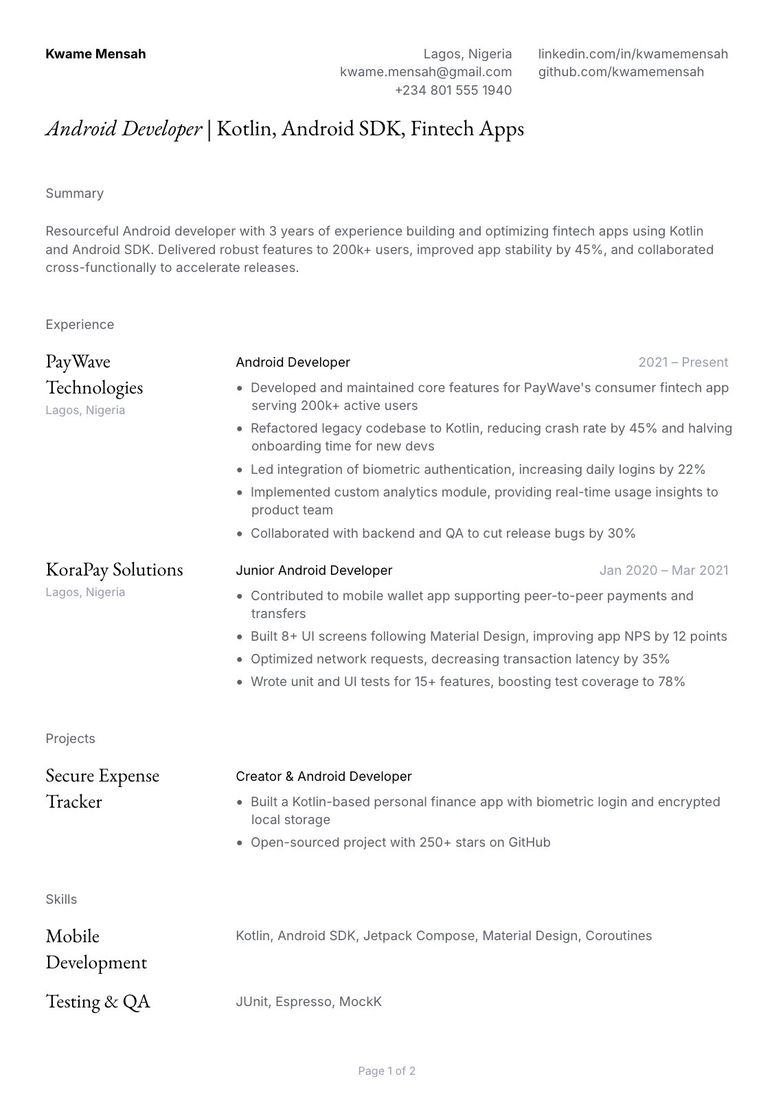Mid Android Developer Resume Example